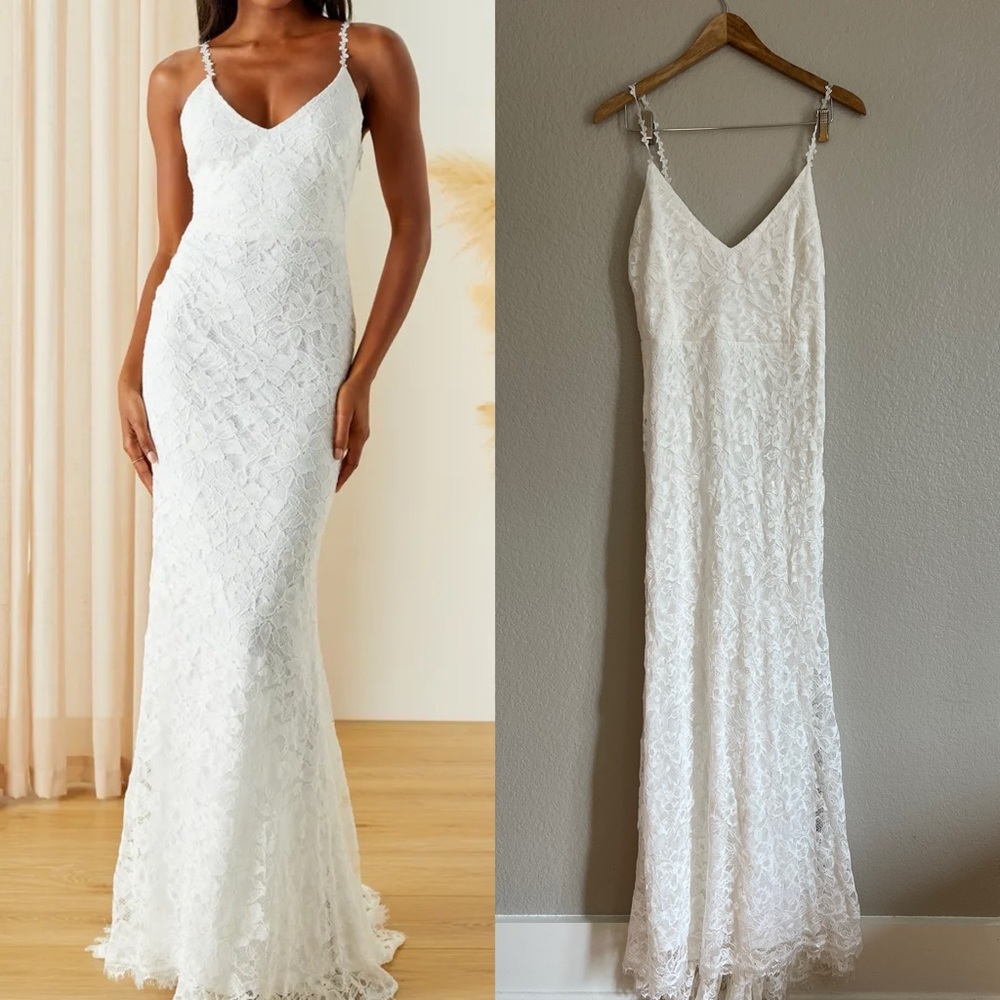 Blissful Ever After White Lace Ruched Sleeveless Maxi Dress Large